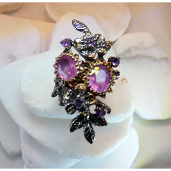 Natural Pink Tourmaline Amethyst Oxidized Sterling Silver Ring Vine Botanical - Picture 2 of 8
